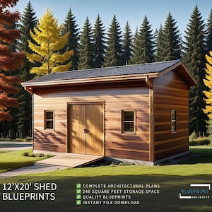 May include: A 12' x 20' shed blueprint plan with a wood exterior and a black roof. The shed is surrounded by trees. The text on the image reads: "12'X20' SHED BLUEPRINTS", "COMPLETE ARCHITECTURAL PLANS", "240 SQUARE FEET STORAGE SPACE", "QUALITY BLUEPRINTS", "INSTANT FILE DOWNLOAD", "BLUEPRINT UNLIMITED".