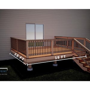 May include: A wooden deck with a railing and stairs. The deck is 16 feet by 18 feet.
