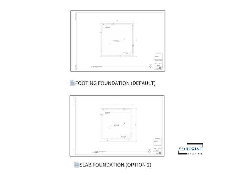 May include: Two black and white line drawings of foundation plans for a building. The top drawing is labeled "Footing Foundation (Default)" and the bottom drawing is labeled "Slab Foundation (Option 2)".