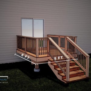 May include: A wooden deck with stairs leading down to the ground. The deck is 8 feet by 8 feet and has a railing around it. The stairs are made of wood and have a handrail.