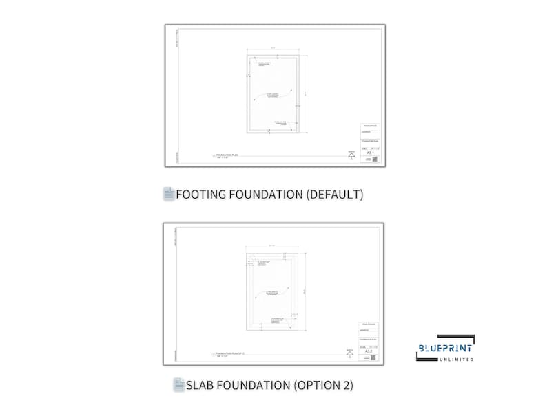 May include: Two black and white line drawings of foundation plans for a building. The top drawing is labeled "Footing Foundation (Default)" and the bottom drawing is labeled "Slab Foundation (Option 2)".