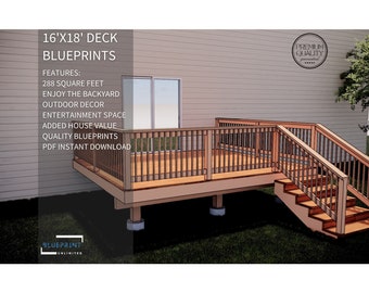 May include: A digital illustration of a 16' x 18' deck blueprint with a wooden deck and stairs. The blueprint features a railing, steps, and a text description of the deck's features, including 288 square feet, backyard enjoyment, outdoor decor, entertainment space, added house value, quality blueprints, and PDF instant download. The text "PREMIUM QUALITY" is also included in the image.