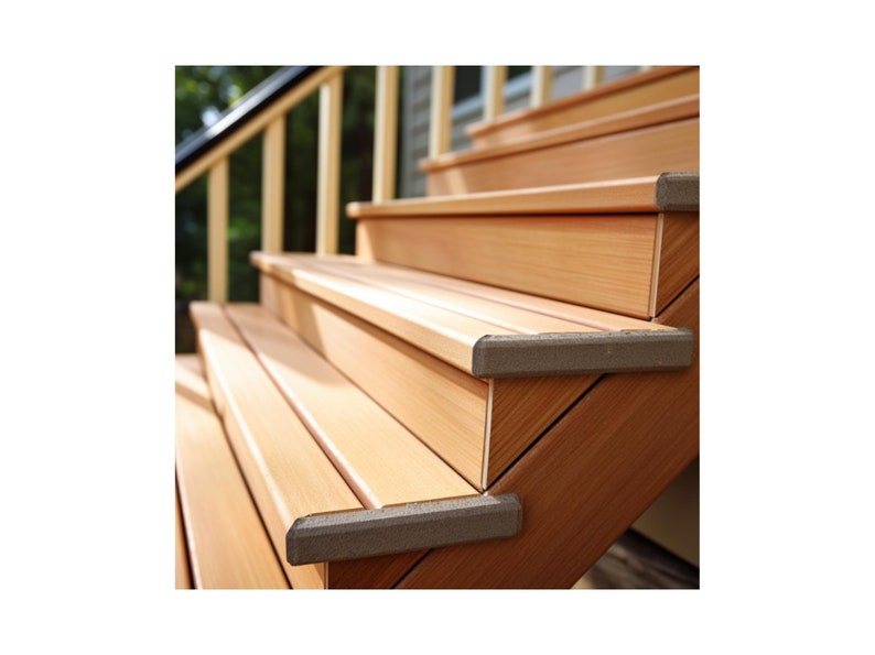 May include: Close-up of wooden steps with brown rubber treads. The steps are made of light brown wood and have a natural finish. The rubber treads are a darker brown and provide a non-slip surface.
