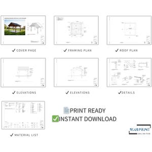 May include: A set of printable architectural plans for a pergola. The plans include a cover page, framing plan, roof plan, elevations, details, and a material list. The plans are print-ready and available for instant download.