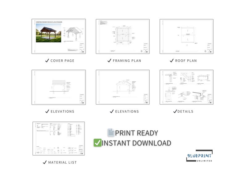 May include: A set of printable architectural plans for a pergola. The plans include a cover page, framing plan, roof plan, elevations, details, and a material list. The plans are print-ready and available for instant download.