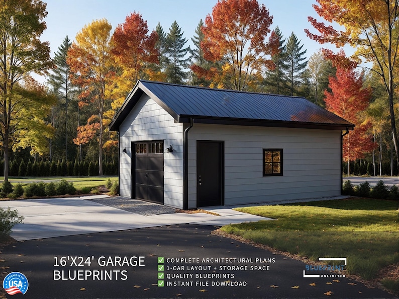 May include: A 16' x 24' garage blueprint design with a white exterior, black trim, and a black garage door. The garage is set against a backdrop of fall foliage.