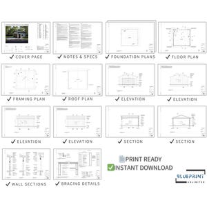 May include: A set of 12 printable architectural blueprints for a building project. The blueprints include a cover page, notes and specs, foundation plans, floor plan, framing plan, roof plan, elevations, and sections. The blueprints are print-ready and available for instant download.