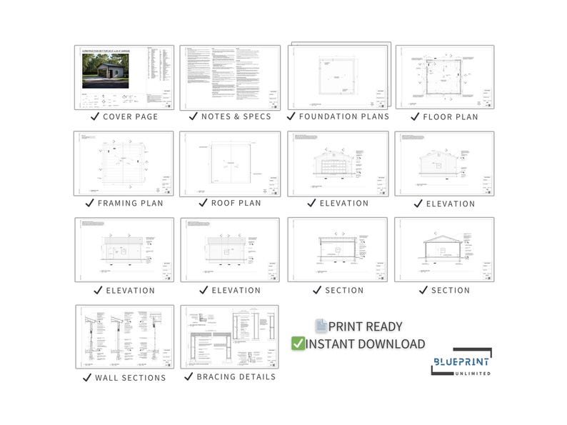 May include: A set of 12 printable architectural blueprints for a building project. The blueprints include a cover page, notes and specs, foundation plans, floor plan, framing plan, roof plan, elevations, and sections. The blueprints are print-ready and available for instant download.