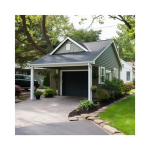 May include: A green and white garage with a black garage door, a paved driveway, and landscaping with green bushes and trees.