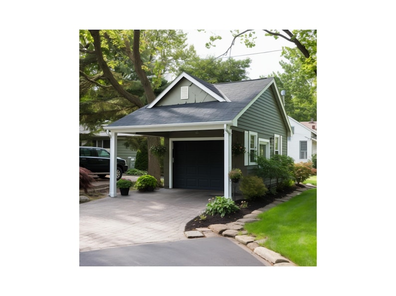 May include: A green and white garage with a black garage door, a paved driveway, and landscaping with green bushes and trees.