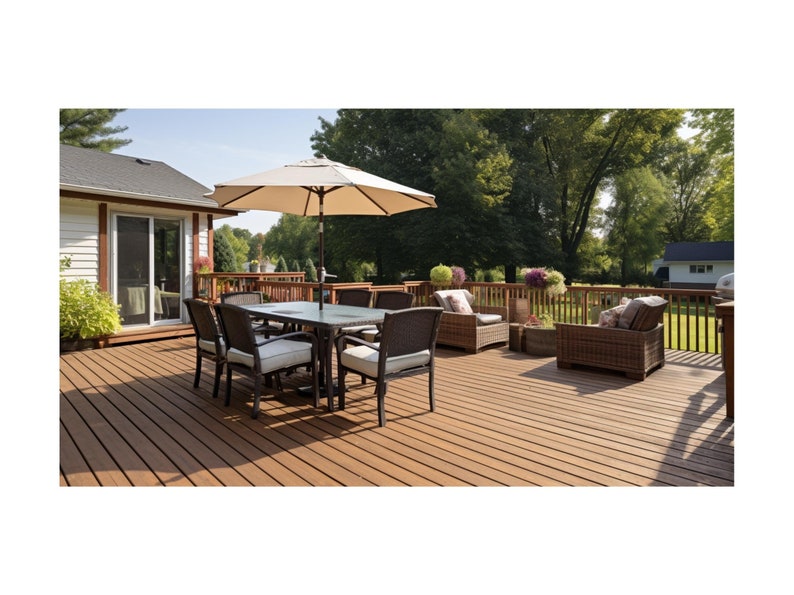 May include: A brown wooden deck with a patio set, including a table with six chairs, a white umbrella, and two wicker chairs with cushions. The deck is surrounded by green trees and a white house.