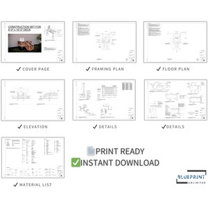 May include: A set of construction plans for a 10' x 10' deck. The plans include a cover page, framing plan, floor plan, elevation, details, and a material list. The plans are print-ready and available for instant download.
