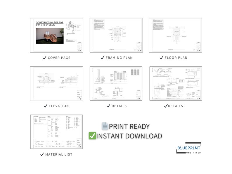 May include: A set of construction plans for a 10' x 10' deck. The plans include a cover page, framing plan, floor plan, elevation, details, and a material list. The plans are print-ready and available for instant download.