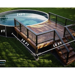 May include: An aerial view of a wooden deck with black railings surrounding a round above-ground pool. The pool is 24 feet in diameter and 4 feet deep. The deck is 14 feet long and 16 feet wide.