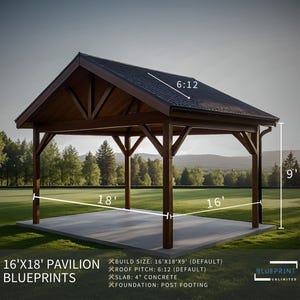 May include: A 16' x 18' pavilion blueprint with a 6:12 roof pitch. The pavilion is made of wood and has a concrete slab foundation. The blueprint includes the text "16' x 18' Pavilion Blueprints".