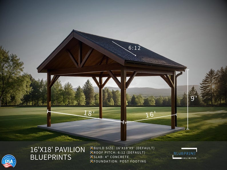 May include: A 16' x 18' pavilion blueprint with a 6:12 roof pitch. The pavilion is made of wood and has a concrete slab foundation. The blueprint includes the text "16' x 18' Pavilion Blueprints".