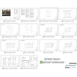 May include: A set of 12 printable architectural plans for a small building. The plans include a cover page, notes and specifications, foundation plans, floor plan, framing plans, roof plan, elevations, and sections. The plans are print-ready and available for instant download.