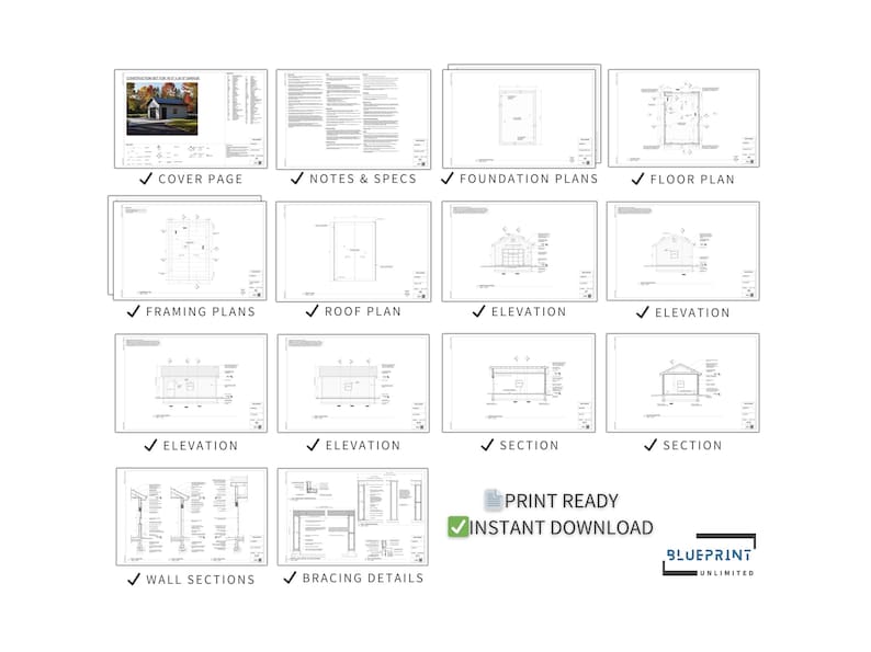 May include: A set of 12 printable architectural plans for a small building. The plans include a cover page, notes and specifications, foundation plans, floor plan, framing plans, roof plan, elevations, and sections. The plans are print-ready and available for instant download.