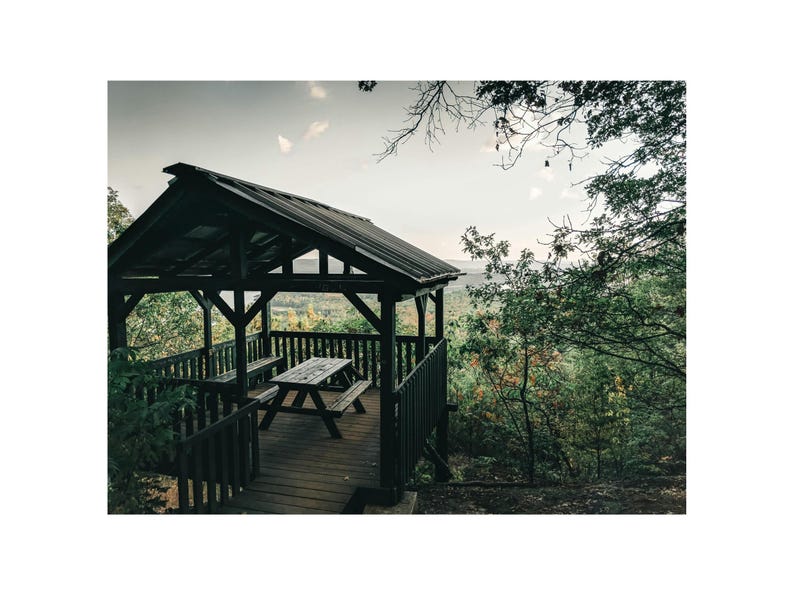 May include: A wooden gazebo with a picnic table and benches, overlooking a forest with a view of the horizon.
