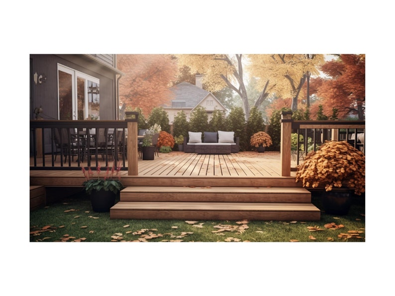 May include: A wooden deck with steps leading down to a grassy area. The deck has a black railing and a seating area with a couch and pillows. There are trees and bushes in the background, with fall foliage in shades of red, orange, and yellow.