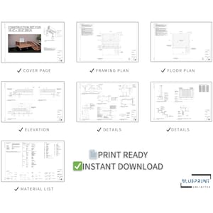 May include: Construction set of blueprints for a 16' x 18' deck. The set includes a cover page, framing plan, floor plan, elevation, details, and a material list. The plans are print ready and available for instant download.