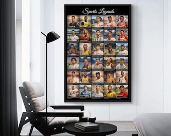 May include: A framed black poster titled "Sports Legends" featuring portraits of various athletes. The portraits are arranged in a grid, showcasing a diverse group of sports figures. The poster is displayed on a white wall.
