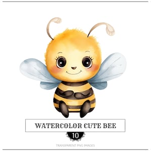 May include: A watercolor illustration of a cute cartoon bee with large eyes, a yellow and black striped body, and blue wings. The bee is sitting on a white background. The text "WATERCOLOR CUTE BEE" and "10 TRANSPARENT PNG IMAGES" is below the bee.