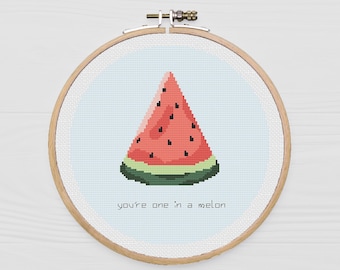 May include: A round wooden embroidery hoop with a light blue background. A red watermelon slice with black seeds is stitched in the center. The text "you're one in a melon" is stitched below the watermelon.