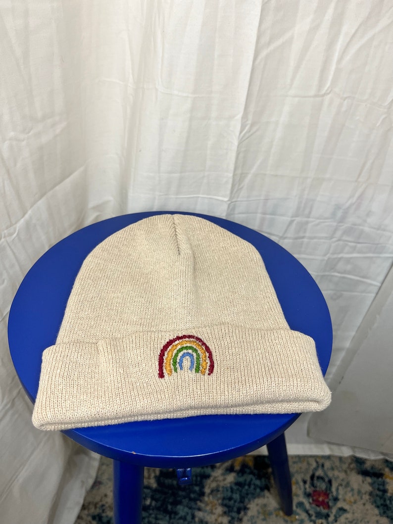Tan Skull Cap Beanie W/ Rainbow Embroidered Design Unique, Handmade