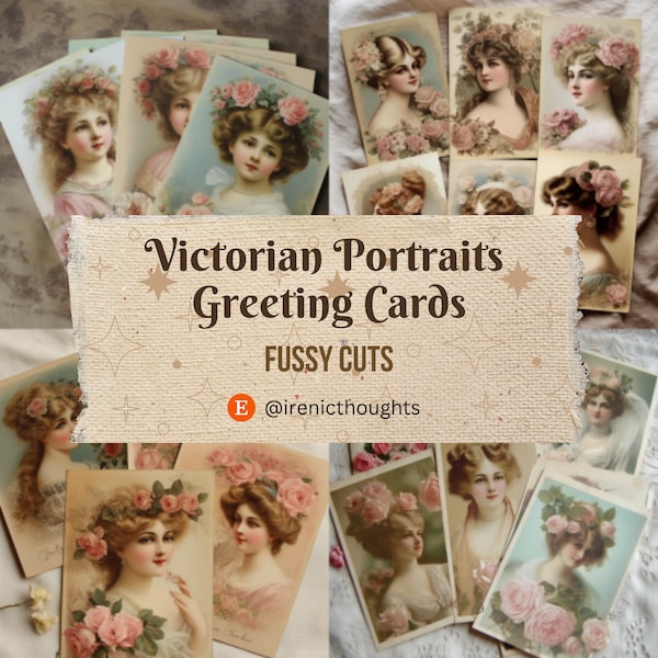 Vintage Victorian Ephemera | Elegant Portrait Greeting Cards | Printable Victorian Junk Journal Kit, Scrapbooking, Collage, Digital Paper