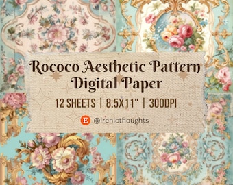 Rococo Aesthetic Seamless Pattern Digital Papers (12 Sheets) | Junk Journal, Wedding Invitations, Elegant Party, Floral, Scrapbooking