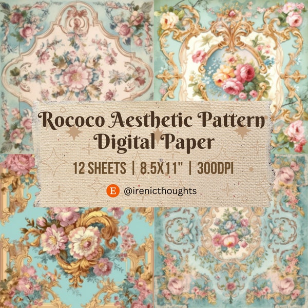 Rococo Aesthetic Seamless Pattern Digital Papers (12 Sheets) | Junk Journal, Wedding Invitations, Elegant Party, Floral, Scrapbooking