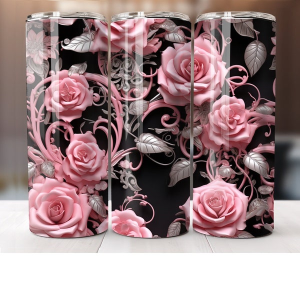 3D Style 20 oz Skinny Tumbler Sublimation Design Digital Download PNG Instant DIGITAL ONLY,  Pink Floral flower tumbler
