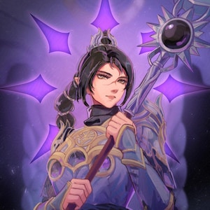 May include: A woman in purple and gold armor holds a staff with a large orb on top. She is surrounded by purple stars and a purple background.