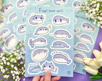 Du poisson ! (et les chats) feuille d'autocollants en vinyle | Sacabambaspis | Stickers poissons idiots et drôles | Stickers étanches pour ordinateur portable et bouteille d'eau