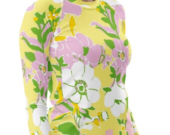 Camiseta de protección solar con estampado floral amarillo para mujer