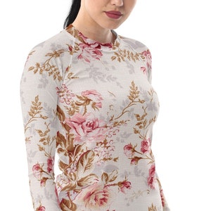 Vintage floral print women&#39;s rash guard, long sleeve shirt with UV protection, modest swimwear, water sports, beach wear, resort wear