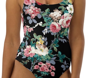 Traje de baño de una pieza con estampado floral negro