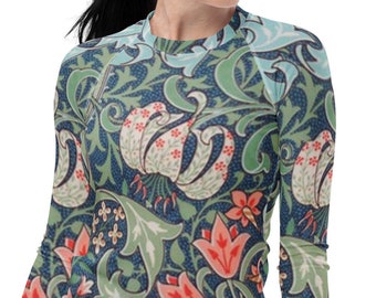Koszulka damska typu rash guard z nadrukiem William Morris, z długim rękawem i filtrem UV, skromny strój kąpielowy, sporty wodne, strój plażowy, strój na wakacje