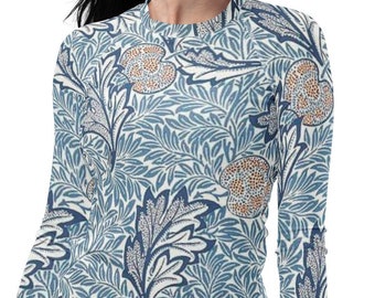 Koszulka damska William Morris rash guard, koszulka z długim rękawem i filtrem UV, skromny strój kąpielowy, sporty wodne, strój plażowy, strój na wakacje