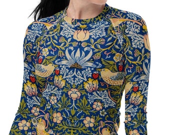 Koszulka damska typu rash guard z nadrukiem William Morris, z długim rękawem i filtrem UV, skromny strój kąpielowy, sporty wodne, strój plażowy, strój na wakacje