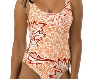 Maillot de bain une pièce orange imprimé William Morris, une pièce florale, maillot de bain, une pièce pour les vacances à la plage, maillots de bain modestes, vêtements de villégiature