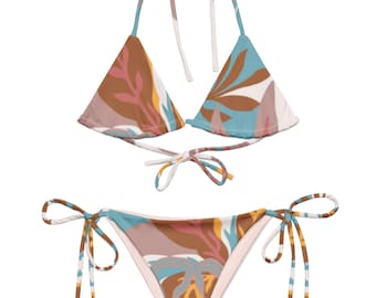 String bikini in tropical print, two-piece swimsuit, floral bikini, beach vacation bikini, resort wear, boho swimwear, bathing suit