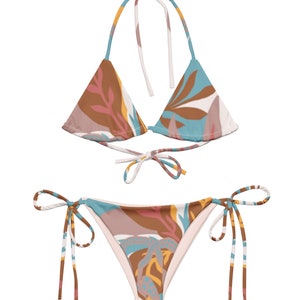 String bikini in tropical print, two-piece swimsuit, floral bikini, beach vacation bikini, resort wear, boho swimwear, bathing suit