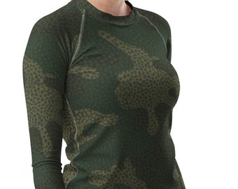 Maglietta a maniche lunghe con stampa mimetica rash guard da donna con protezione UV, costume da bagno sobrio, sport acquatici, abbigliamento da spiaggia, abbigliamento da resort