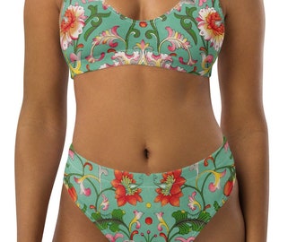 Hoch taillierter Bikini mit Blumenmuster, zweiteiliger Badeanzug, Blumen-Bikini, Strandurlaubs-Bikini, Resort-Kleidung, Boho-Badebekleidung, Badeanzug