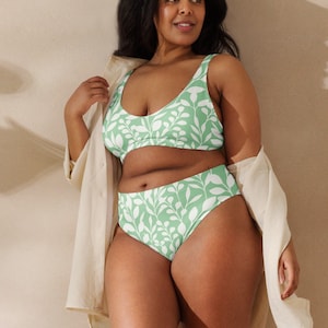 Hoch taillierter Bikini grün Pflanzenmuster, zweiteiliger Badeanzug, floraler Bikini, Strandurlaub Bikini, Resort tragen, Boho Bademode, Badeanzug