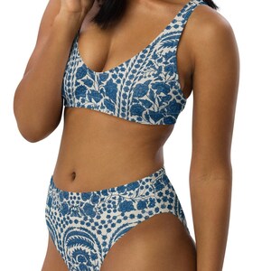 High-waisted bikini in blue print, two-piece swimsuit, floral bikini, beach vacation bikini, resort wear, boho swimwear, bathing suit
