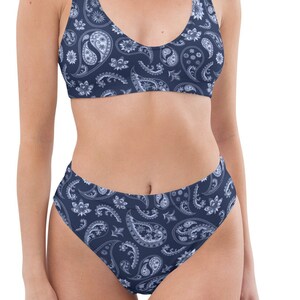 High-waisted bikini blue paisley print, two-piece swimsuit, floral bikini, beach vacation bikini, resort wear, boho swimwear, bathing suit