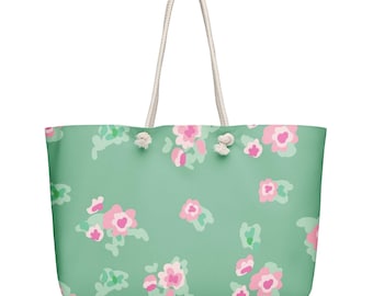 Bolso de playa extragrande con flores verdes y rosas